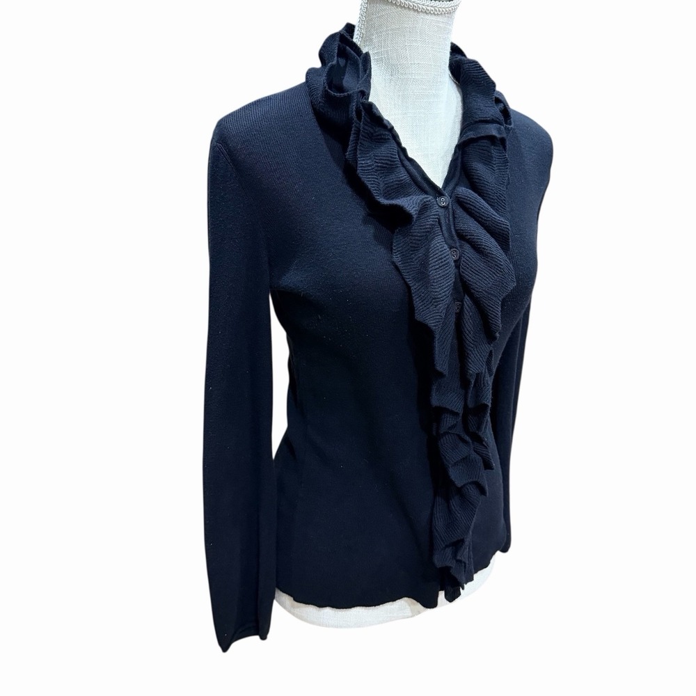 Nic + Zoe Women's Black Ruffle Front Cardigan Button Front Sweater Size M - Picture 2 of 10